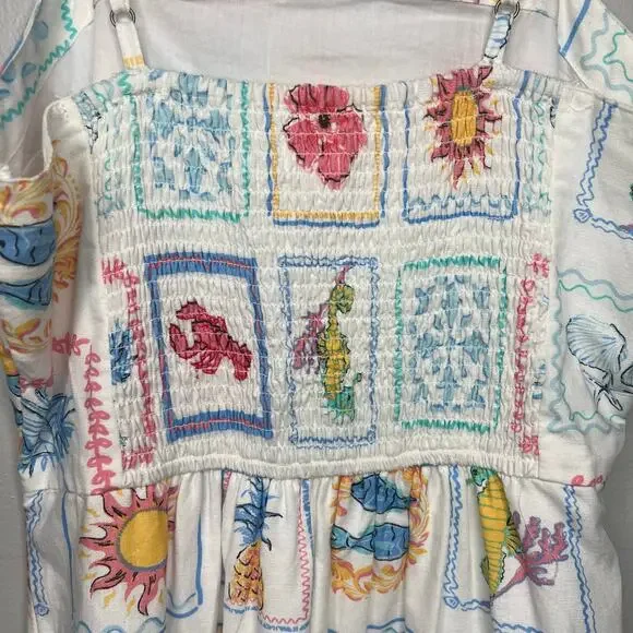 Japna Mini Sundress Amalfi Coast Print Smocked Back Coastal Linen Blend Womens M - Picture 7 of 12